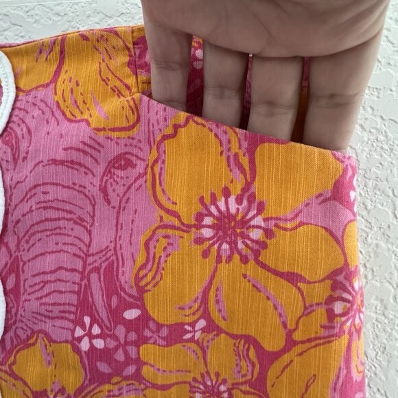 Lilly Pulitzer Skirt 6 Pink/Orange Cotton Elephant Hibiscus 18" Grannycore Beach - Picture 3 of 13